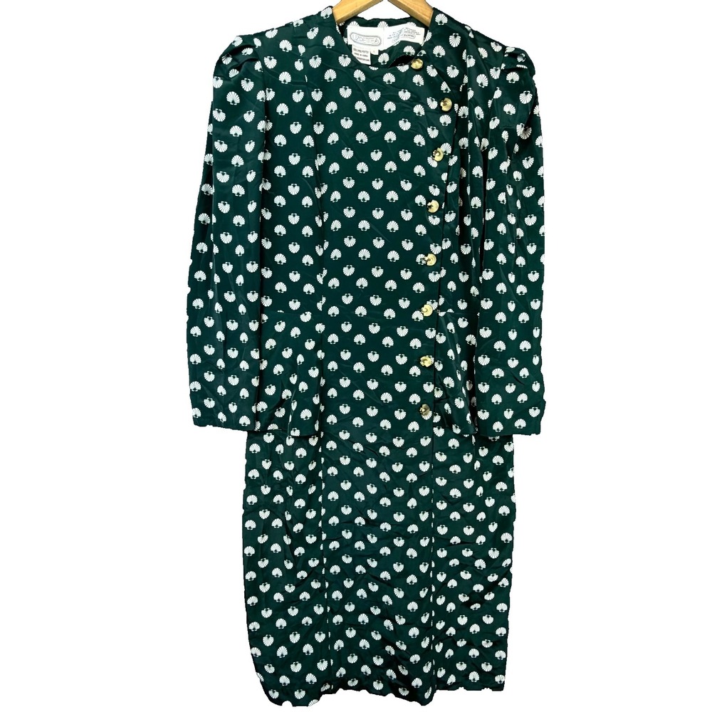 Vintage Liz Roberts Dress Women 8P Green Shell 80s Office Peplum Gold‎ Buttons